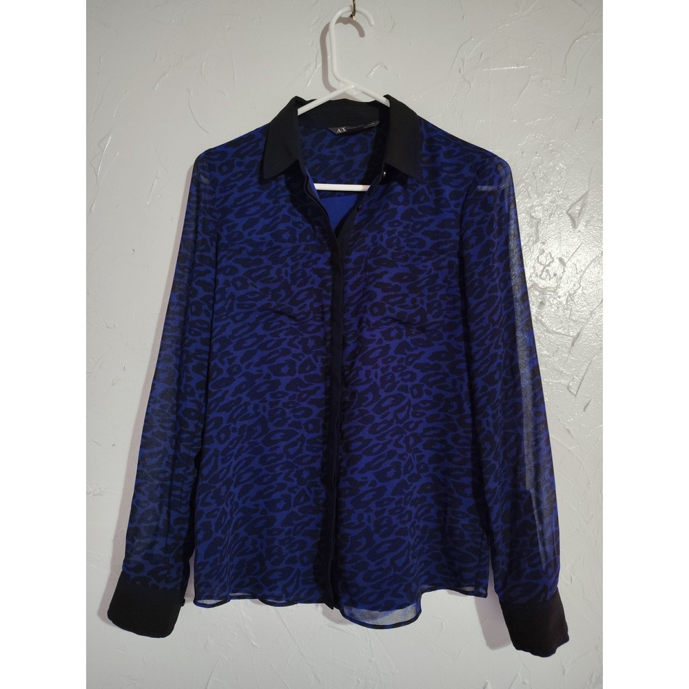 Armani Exchange Blouse Ladies S Black/Blue Semi Sheer Lined Long Sleeve Elegant‎